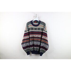 Vtg 90s Streetwear Mens Large Rainbow Fair Isle Knit Crewneck Sweater Acrylic